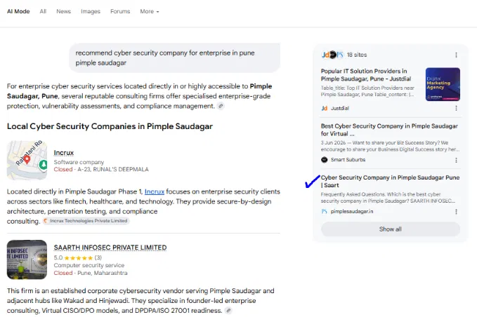 Google AI Mode result mentioning Saarth Infosec and citing its PimpleSaudagar.in cyber security listing