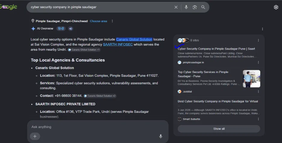 Google AI Overview for cyber security company in Pimple Saudagar citing PimpleSaudagar.in